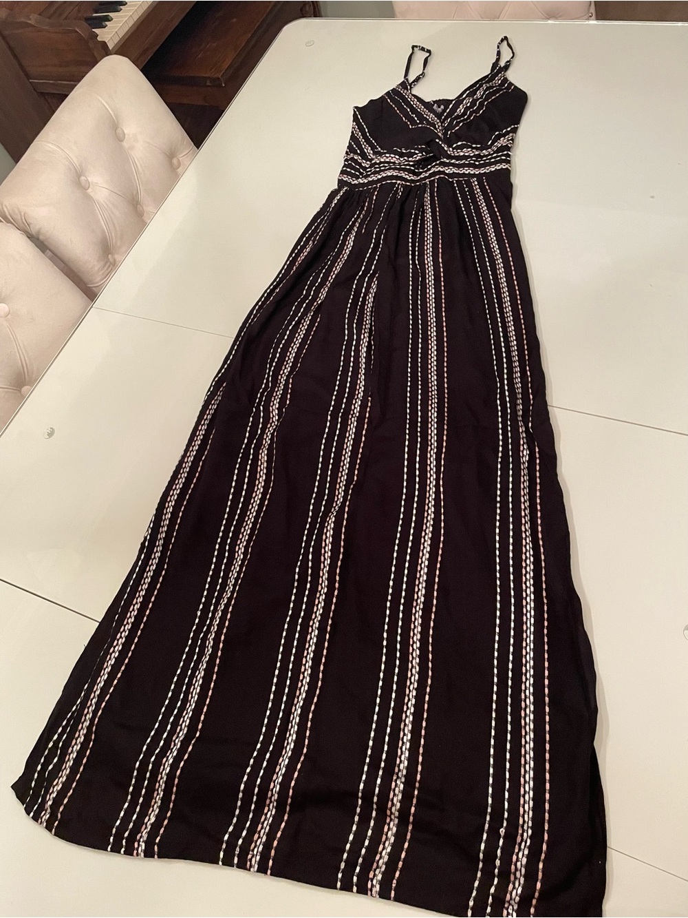 Angie Black Maxi Dress with Cream Vertical Stripes
